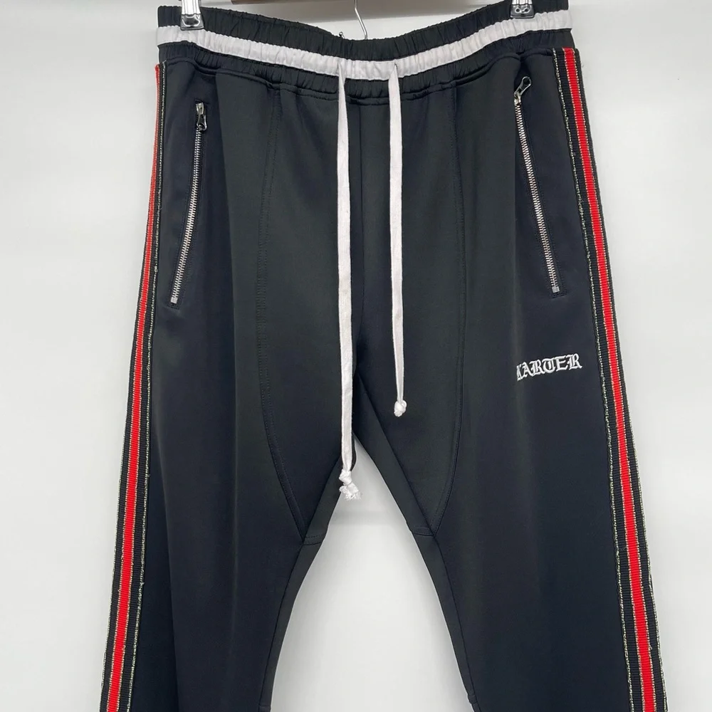 Karter Collection Track Pants Men's XL Black with Red Side Stripes Ankle Zippers - Picture 2 of 12